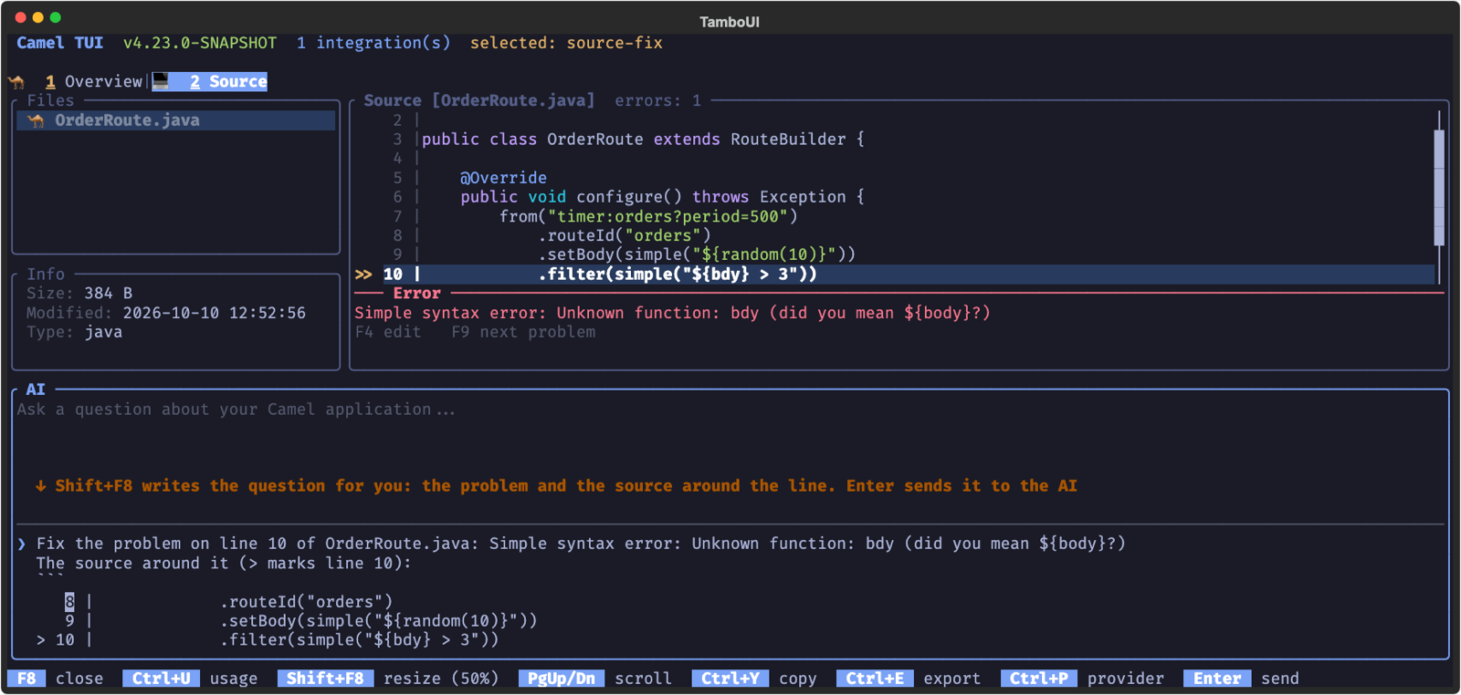 Shift+F8 writes the question for the AI